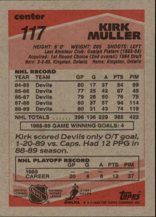 1989-90 Topps #117 Kirk Muller DP back image