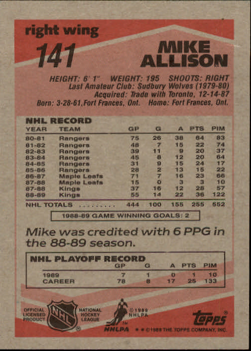 1989-90 Topps #141 Mike Allison back image