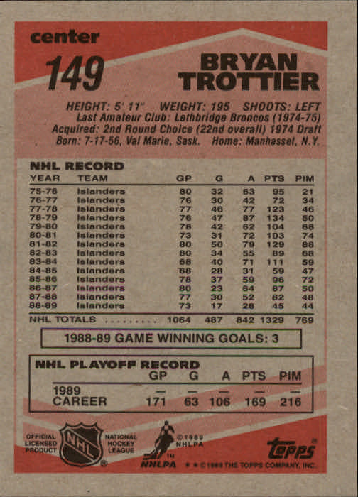 1989-90 Topps #149 Bryan Trottier back image