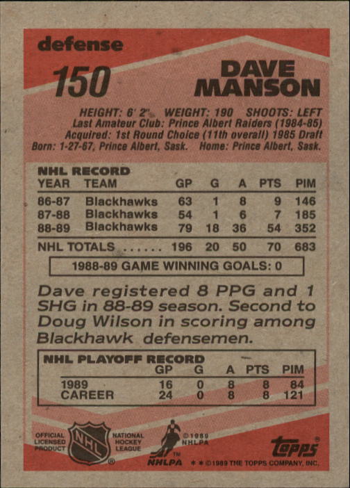 1989-90 Topps #150 Dave Manson RC back image