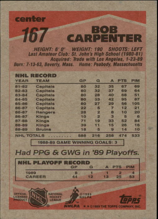 1989-90 Topps #167 Bob Carpenter DP back image