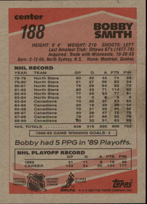 1989-90 Topps #188 Bobby Smith back image
