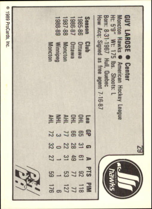 1989-90 ProCards AHL #29 Guy Larose back image