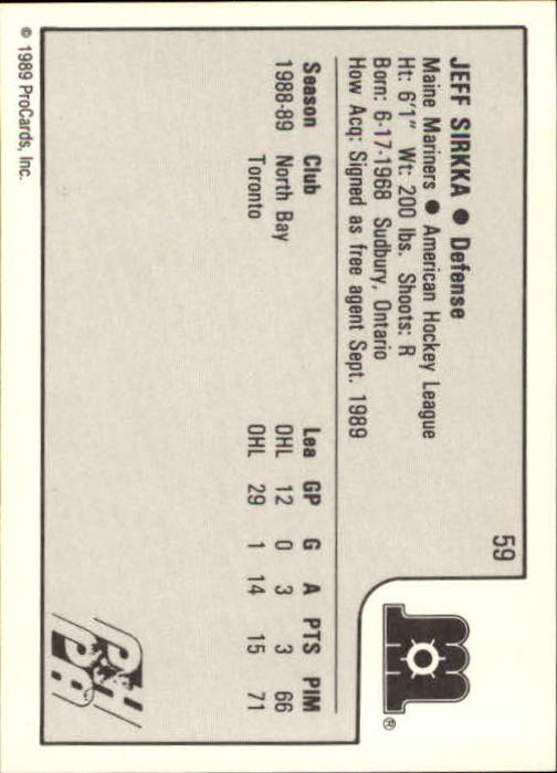 1989-90 ProCards AHL #59 Jeff Sirkka back image