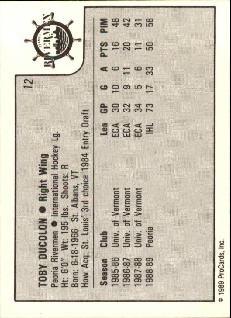 1989-90 ProCards IHL #12 Toby Ducolon back image