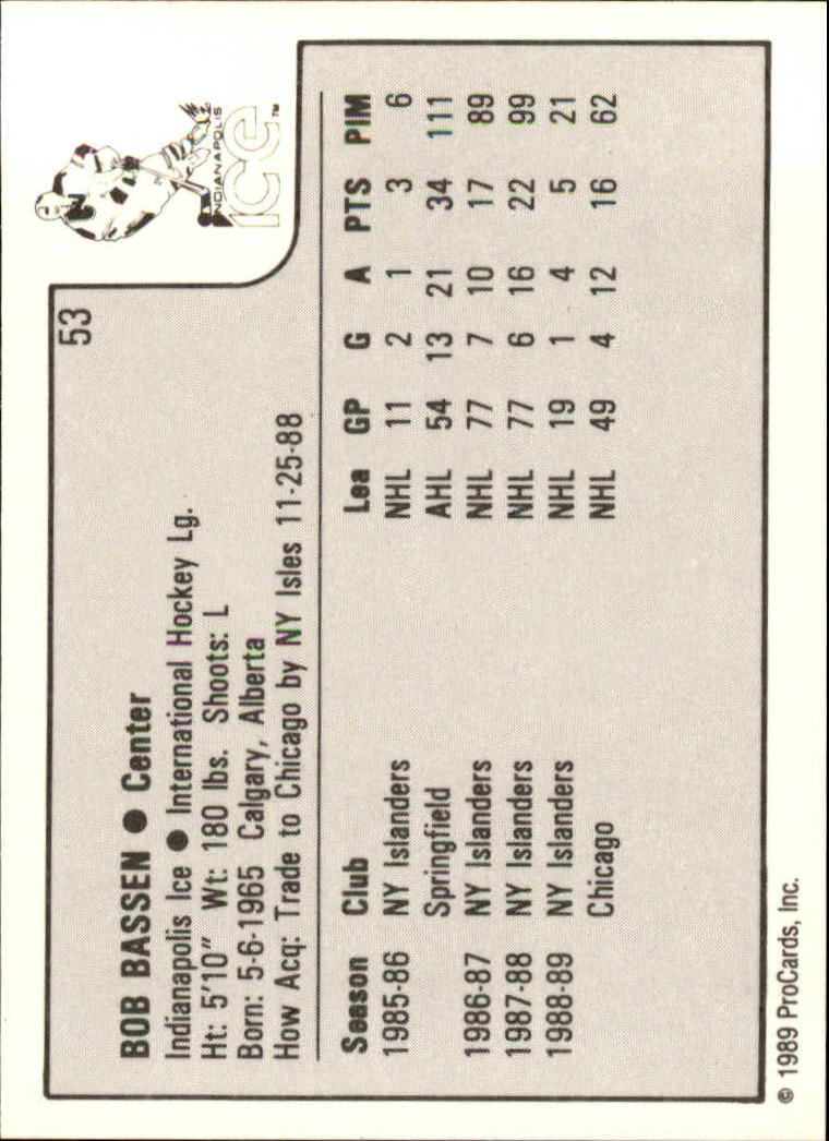 1989-90 ProCards IHL #53 Bob Bassen back image