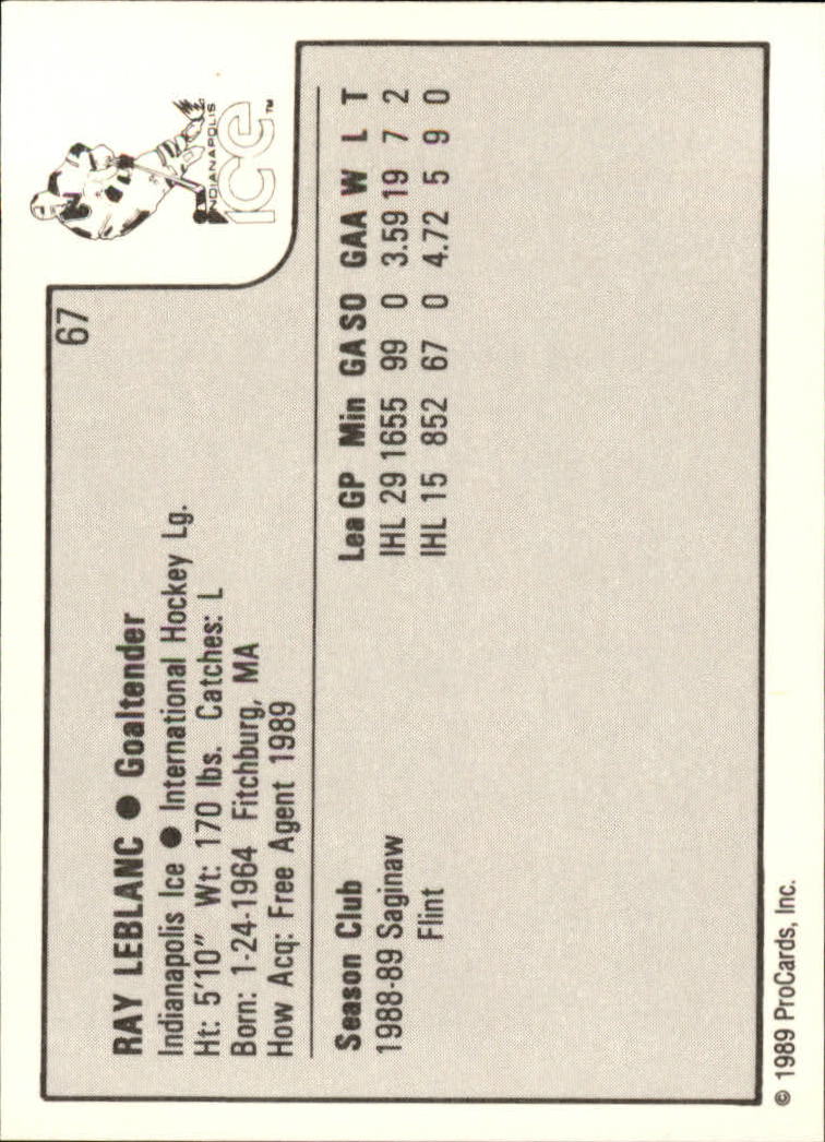 1989-90 ProCards IHL #67 Ray LeBlanc back image