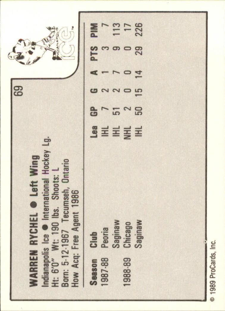 1989-90 ProCards IHL #69 Warren Rychel back image