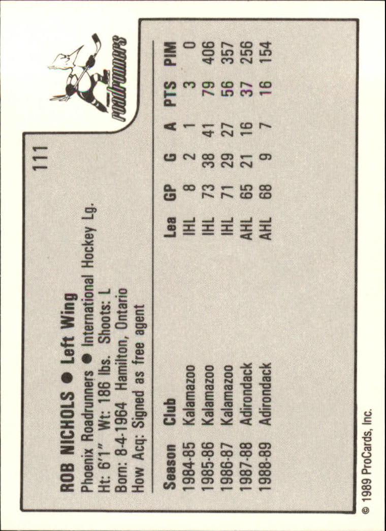 1989-90 ProCards IHL #111 Rob Nichols back image