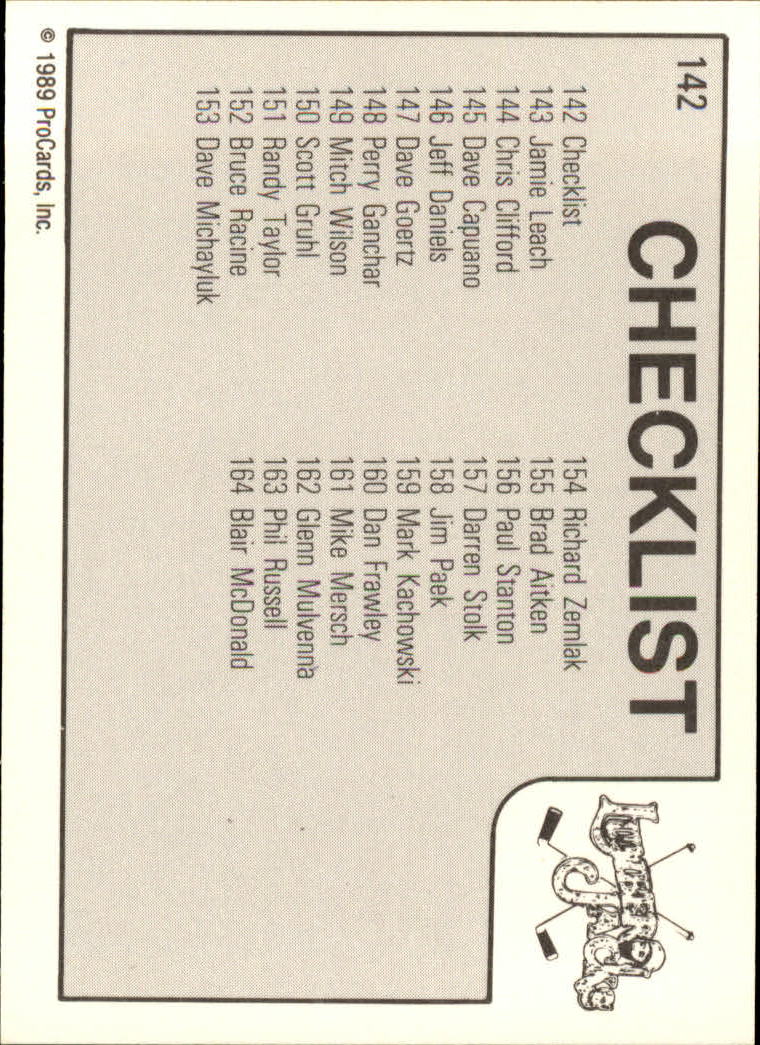 1989-90 ProCards IHL #142 Muskegon Checklist back image