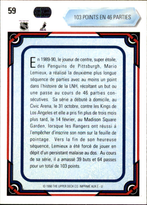 1990-91 Upper Deck French #59 Mario Lemieux Streak back image
