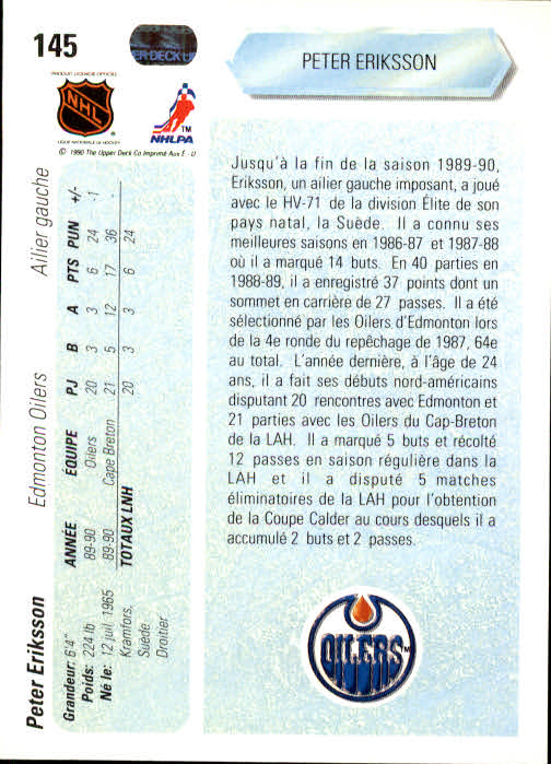 1990-91 Upper Deck French #145 Peter Eriksson RC UER/(Photo actually/Tommy Lehmann back image