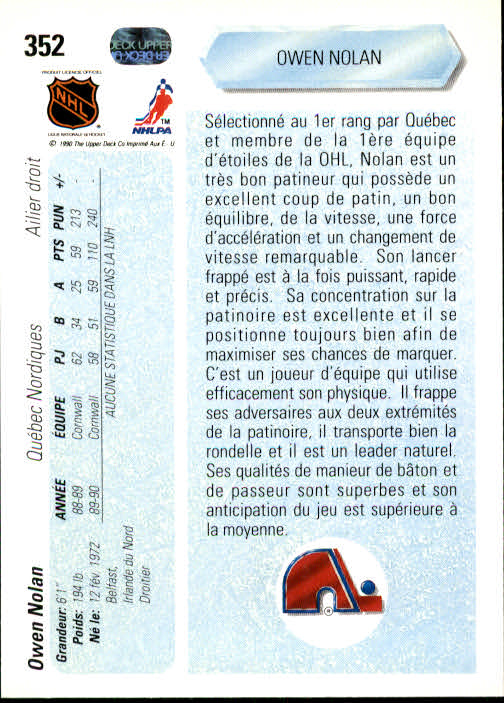 1990-91 Upper Deck French #352 Owen Nolan RC back image