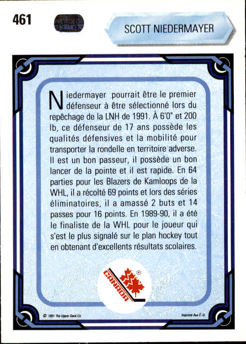 1990-91 Upper Deck French #461 Scott Niedermayer RC back image