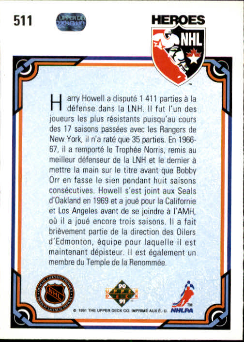 1990-91 Upper Deck French #511 Harry Howell HERO back image