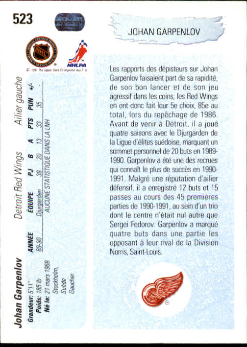 1990-91 Upper Deck French #523 Johan Garpenlov YG RC back image