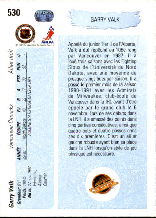 1990-91 Upper Deck French #530 Garry Valk YG RC back image