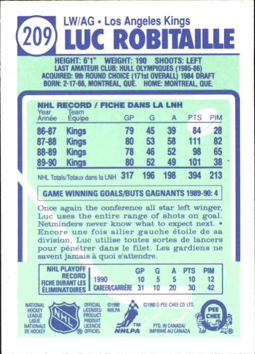 1990-91 O-Pee-Chee #209 Luc Robitaille back image