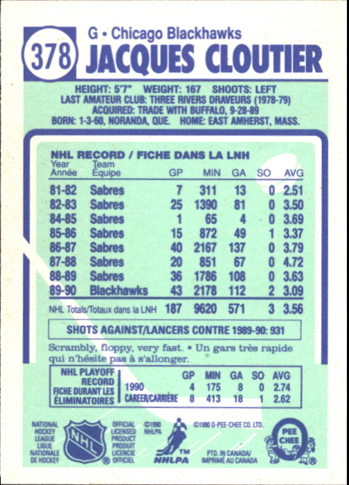 1990-91 O-Pee-Chee #378 Jacques Cloutier RC back image