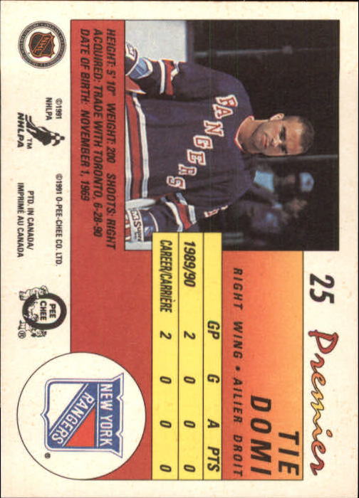 1990-91 OPC Premier #25 Tie Domi RC back image
