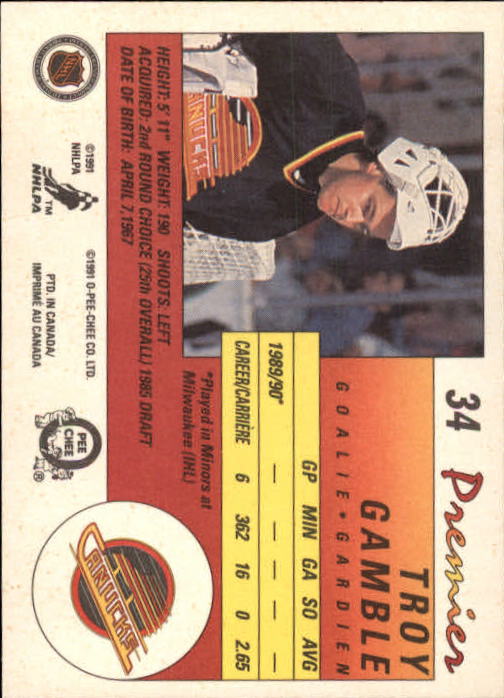 1990-91 OPC Premier #34 Troy Gamble RC back image