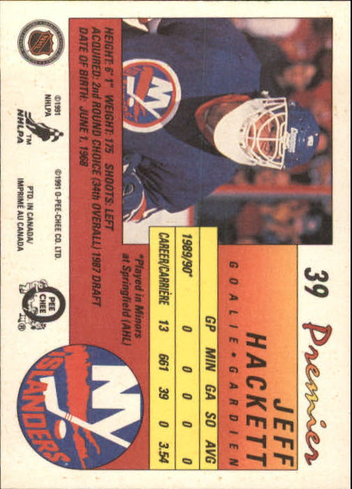 1990-91 OPC Premier #39 Jeff Hackett RC back image
