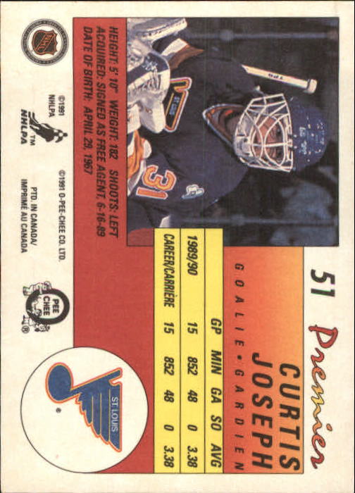 1990-91 OPC Premier #51 Curtis Joseph RC back image