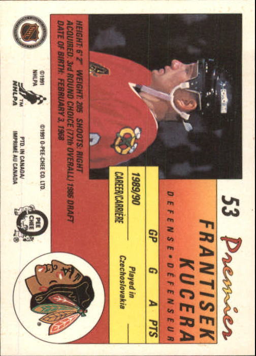 1990-91 OPC Premier #53 Frantisek Kucera RC back image