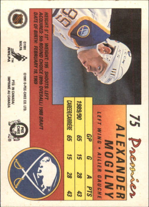 1990-91 OPC Premier #75 Alexander Mogilny RC back image