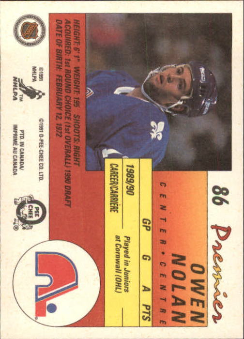 1990-91 OPC Premier #86 Owen Nolan RC back image