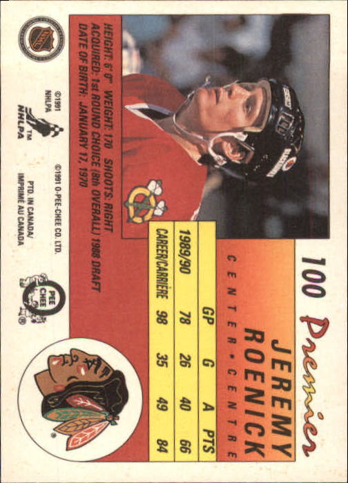 1990-91 OPC Premier #100 Jeremy Roenick RC back image