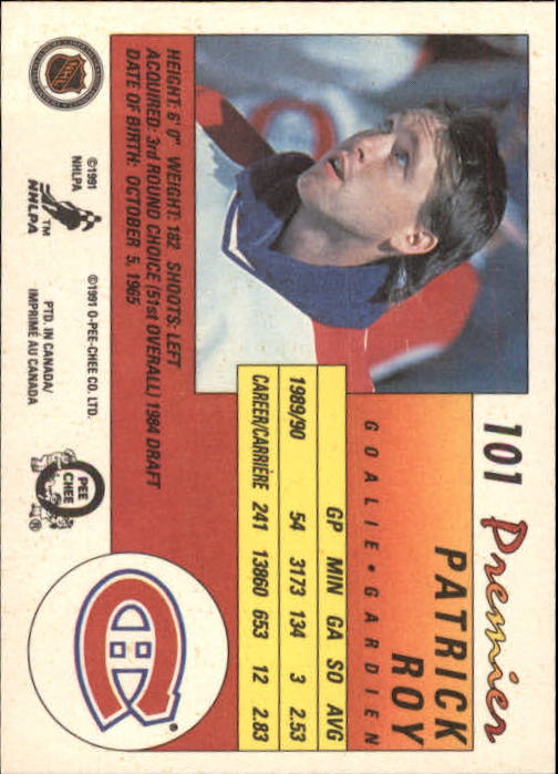 1990-91 OPC Premier #101 Patrick Roy back image