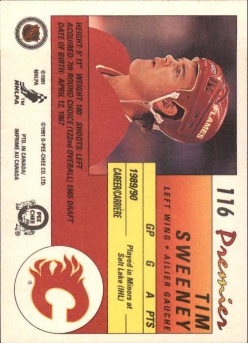 1990-91 OPC Premier #116 Tim Sweeney RC back image