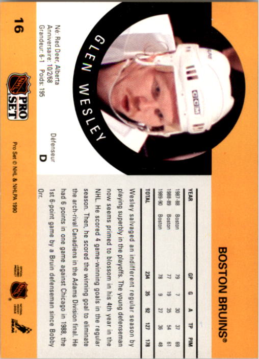 1990-91 Pro Set #16 Glen Wesley back image