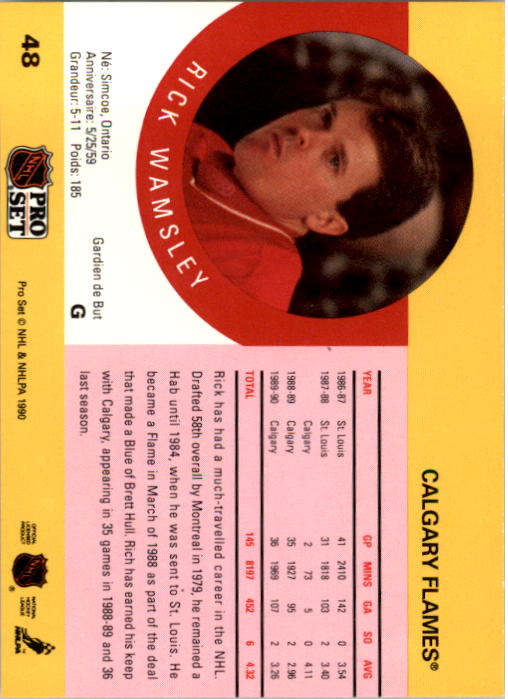 1990-91 Pro Set #48 Rick Wamsley UER/(Misspelled Rich in/bio on card back) back image