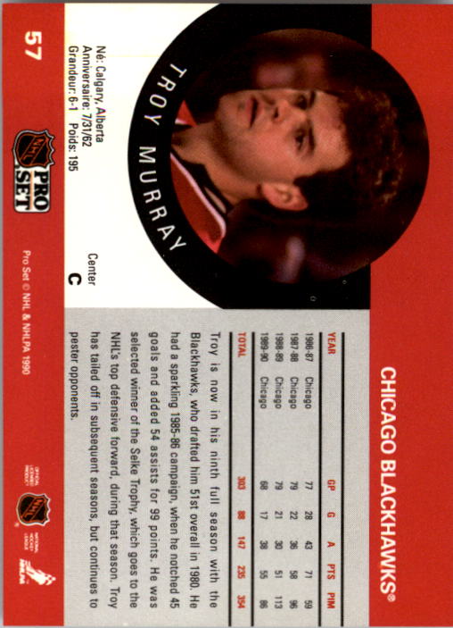 1990-91 Pro Set #57A Troy Murray/(Position and sweater/number are white) back image