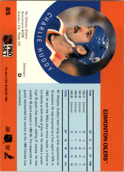1990-91 Pro Set #85 Charlie Huddy UER/(No accent in 1st e/in Defenseur) back image