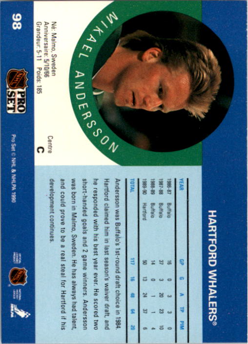 1990-91 Pro Set #98 Mikael Andersson RC back image