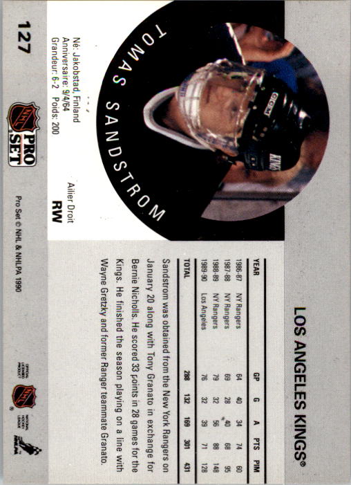 1990-91 Pro Set #127 Tomas Sandstrom UER/('89-90 Rangers stats/not printed) back image