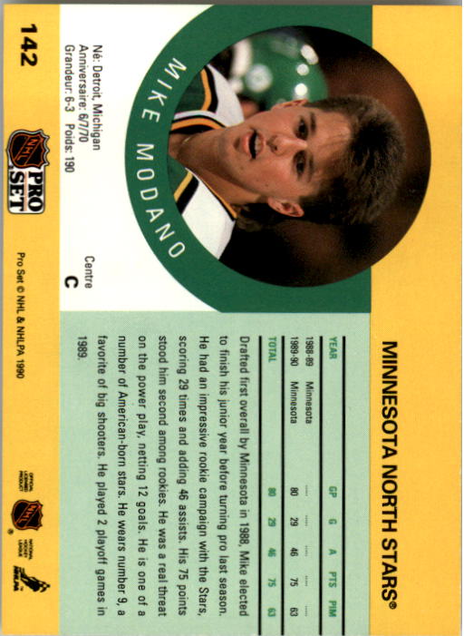 1990-91 Pro Set #142 Mike Modano RC back image