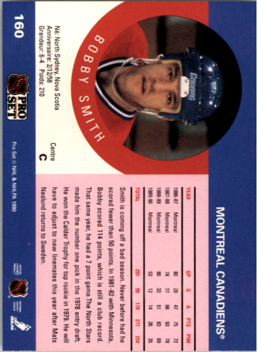 1990-91 Pro Set #160 Bobby Smith UER/(No mention of trade from/Montreal to Minnesota) back image