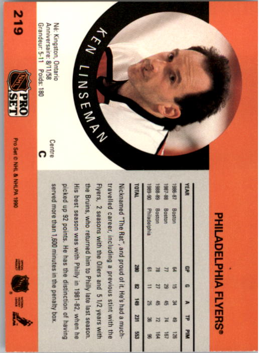 1990-91 Pro Set #219 Ken Linseman UER/(Bruins and Flyers/stats not separate) back image