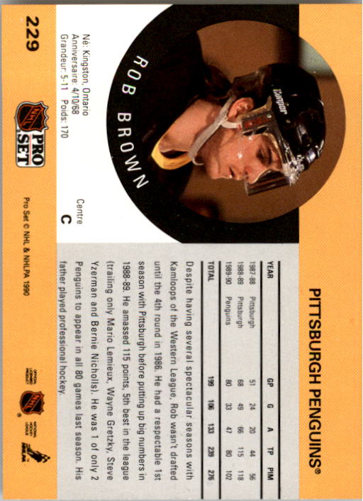 1990-91 Pro Set #229 Rob Brown UER/(Front RW, back C;/actual position is LW) back image