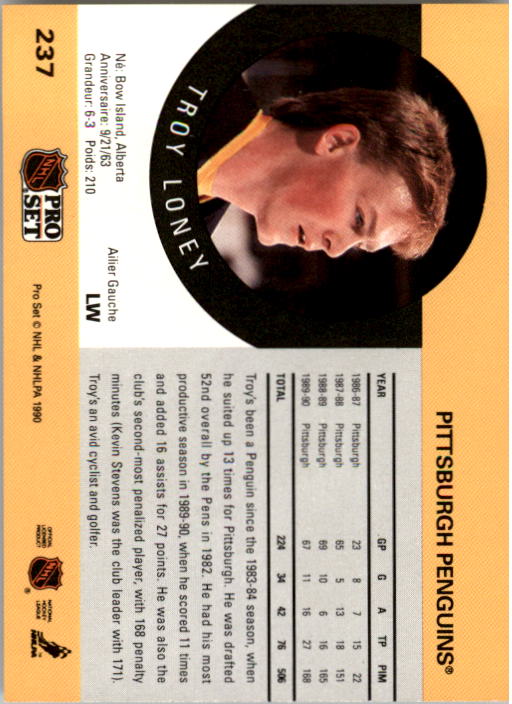 1990-91 Pro Set #237 Troy Loney RC back image