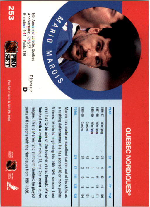 1990-91 Pro Set #253 Mario Marois back image