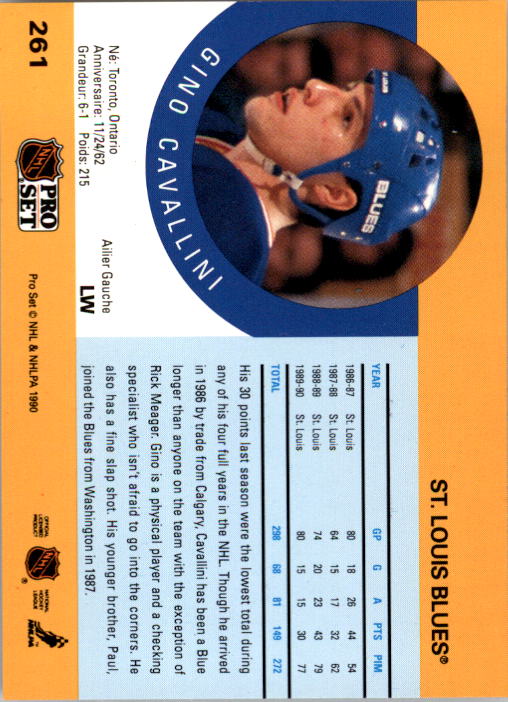 1990-91 Pro Set #261 Gino Cavallini UER/(On back Meagher is mis-/spelled as Meager) back image