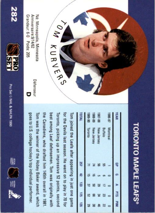 1990-91 Pro Set #282 Tom Kurvers UER/(Played for Toronto/in 71, not 70) back image