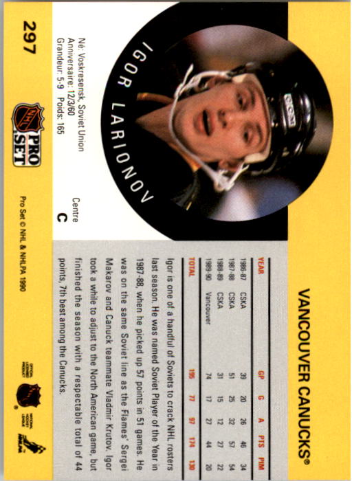 1990-91 Pro Set #297 Igor Larionov RC UER/(Stats should indicate/either Soviet or NHL) back image