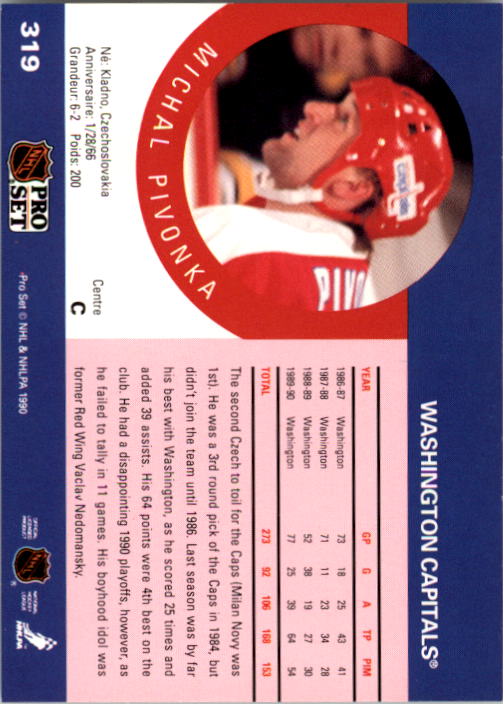 1990-91 Pro Set #319 Michal Pivonka RC UER/(1988-89 Goals should/be 8, not 38) back image