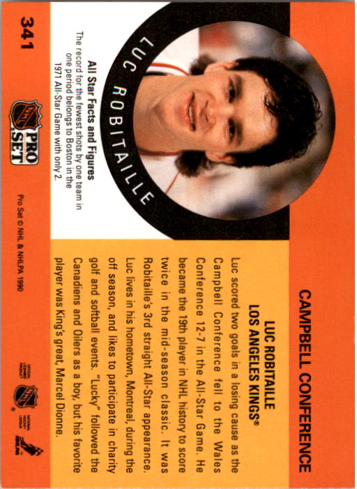 1990-91 Pro Set #341 Luc Robitaille AS UER/(Fewest shots by Eastern/AS's, not Boston) back image